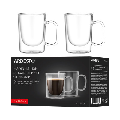 ARDESTO Набір чашок з ручками і подвійними стінками, 120мл, 2шт, боросилікатне скло, прозорий ARDESTO Набір чашок з ручками і подвійними стінками, 120мл, 2шт, боросилікатне скло, прозорий