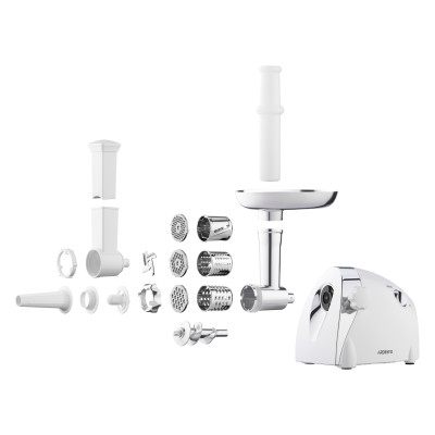 ARDESTO М'ясорубка, 2000Вт, продук.-1.9кг/хв, 3 решітки + для ковб., кеббе, 3 терки, пластик, біло-сріблястий ARDESTO М'ясорубка, 2000Вт, продук.-1.9кг/хв, 3 решітки + для ковб., кеббе, 3 терки, пластик, біло-сріблястий