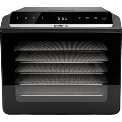 Сушарка для продуктів Gorenje 580Вт, піддонів - 6x1.5см, діаметр - 25см, макс - 75°С, дисплей, пластик+метал, чорний