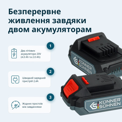 Набір із двох акумуляторних інструментів Konner&Sohnen KS IDAGB 20V SET 1 PLUS 20В шурупокрут-дриль ударний, шліфмашина кутова KS AGB20V-125VR, ЗП 2.4А акб 1х2А·год+1х4А·год кейс 8.1кг Набір із двох акумуляторних інструментів Konner&Sohnen KS IDAGB 20V SET 1 PLUS 20В шурупокрут-дриль ударний, шліфмашина кутова KS AGB20V-125VR, ЗП 2.4А акб 1х2А·год+1х4А·год кейс 8.1кг