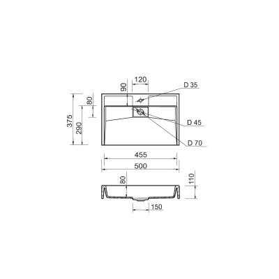 Раковина, умивальник Adamant VISION, штучний камінь, прямокут., з отвором для змішувача, без переливу, 500х380х110мм, накладний, білий