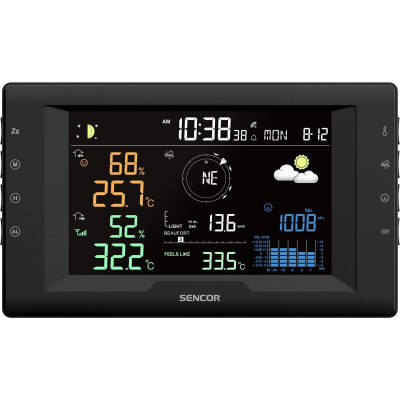 Метеостанція Sencor, внутр/зовн вимірювання, від мережі/CR2032x1+AAx3, темп-ра, вологість, час, прогноз погоди, атмосферний тиск, шв. вітру, чорний