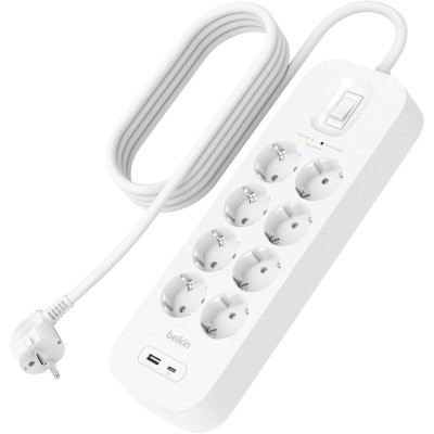 Подовжувач мережевий Belkin 2м, 8хТип, 16А, USB-A/USB-C 18Вт, фільтр, білий