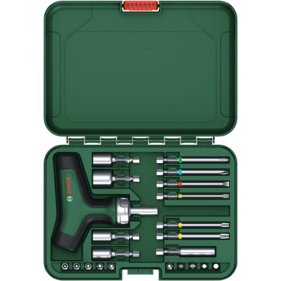 Викрутка Bosch з тріскачкою, Т-подібне руків'я, 20 насадок, 109мм, кейс, сталь CrV