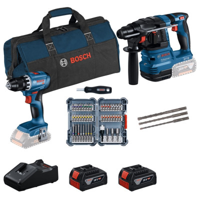 Набір акумуляторних інструментів Bosch Professional 18В дриль-шурупокрут GSR 18V-45, перфоратор GBH 18V-22, набір біт і бурів, акб 2x4А·год, ЗП, сумка