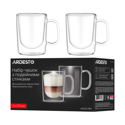 ARDESTO Набір чашок з ручками і подвійними стінками, 270мл, 2шт, боросилікатне скло, прозорий ARDESTO Набір чашок з ручками і подвійними стінками, 270мл, 2шт, боросилікатне скло, прозорий