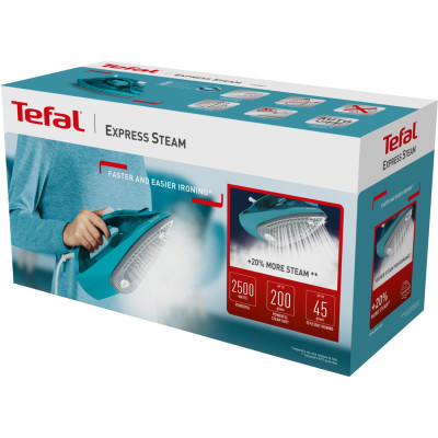 Утюг Tefal Express Steam, 2500Вт, 270мл, паровой удар -200гр, постоянный пар - 45гр, керам. подошва, бирюзовый Утюг Tefal Express Steam, 2500Вт, 270мл, паровой удар -200гр, постоянный пар - 45гр, керам. подошва, бирюзовый