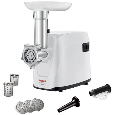 М'ясорубка Tefal HV1 7in1, 1600Вт, 1.9кг/хв, 3 решітки, насадка для ковбас, томатів, 2 терки, пластик, білий М'ясорубка Tefal HV1 7in1, 1600Вт, 1.9кг/хв, 3 решітки, насадка для ковбас, томатів, 2 терки, пластик, білий