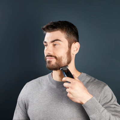 Тример Rowenta Barber Experience, для голови, бороди, мережа+акум., роторний мотор, насадок-5, нержавіюча сталь з покриттям DLC, чорно-синій Тример Rowenta Barber Experience, для голови, бороди, мережа+акум., роторний мотор, насадок-5, нержавіюча сталь з покриттям DLC, чорно-синій