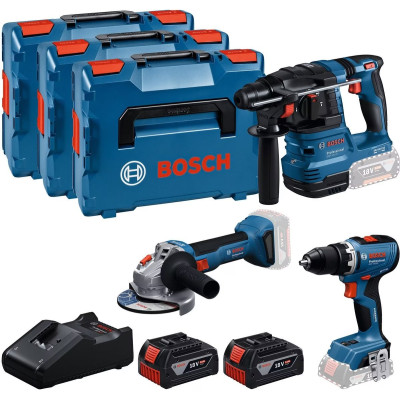 Набір із трьох акумуляторних інструментів Bosch Professional 18В дриль-шурупокрут GSR 18V-65, перфоратор GBH 18V-22, Шліфмашина кутова GWS 18V-8, акб 2x5А·год, ЗП 3 кейси L-BOXX 136 Набір із трьох акумуляторних інструментів Bosch Professional 18В дриль-шурупокрут GSR 18V-65, перфоратор GBH 18V-22, Шліфмашина кутова GWS 18V-8, акб 2x5А·год, ЗП 3 кейси L-BOXX 136