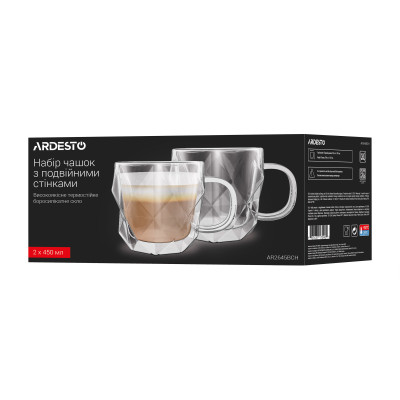 Набір чашок з ручками і подвійними стінками Ardesto, 450мл, 2шт, боросилікатне скло, прозорий (AR2645BCH) Набір чашок з ручками і подвійними стінками Ardesto, 450мл, 2шт, боросилікатне скло, прозорий (AR2645BCH)
