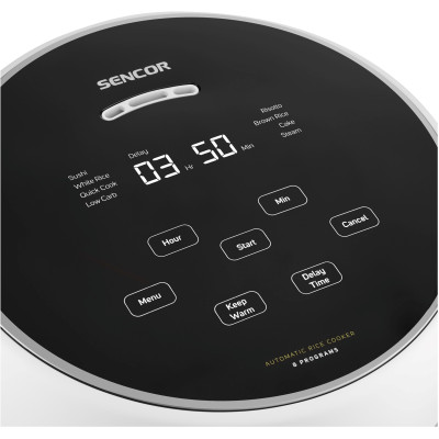 Рисоварка Sencor 350Вт, чаша-0.6л, сенсорное управление, 8 программ, нержавеющая сталь, пластик, белый