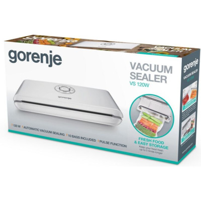Вакууматор Gorenje для пакетов, 120Вт, 30см, электронное управление, +10 пакетов, пластик, белый VS120W