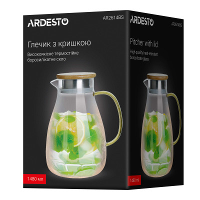 Кувшин с крышкой Ardesto, 1480мл, боросиликатное стекло, нержавеющая сталь, бамбук, прозрачный Кувшин с крышкой Ardesto, 1480мл, боросиликатное стекло, нержавеющая сталь, бамбук, прозрачный