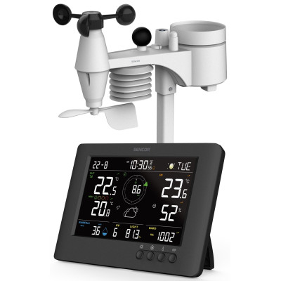 Метеостанція Sencor, внутр/зовн вимірювання, від мережі/CR2032x1+AAx3, темп-ра, вологість, час, прогноз погоди, атмосферний тиск, шв. вітру, чорний