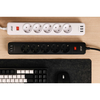 Удлинитель-фильтр сетевой 2E 5xТип F, 3x1.5мм кв, 16A, 3xUSB-A, с защитой от перенапряжения, 2м, белый 2E-SP515M2USBWH