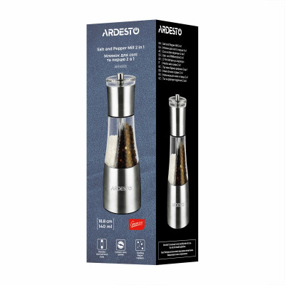 Млинок для солі та перцю 2 в 1 ARDESTO Gemini, 140мл, акрил, нержавіюча сталь, прозорий Млинок для солі та перцю 2 в 1 ARDESTO Gemini, 140мл, акрил, нержавіюча сталь, прозорий