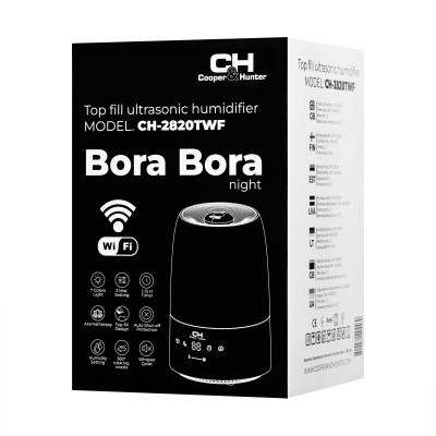 Зволожувач повітря Cooper&Hunter CH-2820TWF 30м2, 2л, 280мл/г, ультразвуковий, верхня затока, WI-FI, гігростат, аромакапсула, підсвічування, чорний Зволожувач повітря Cooper&Hunter CH-2820TWF 30м2, 2л, 280мл/г, ультразвуковий, верхня затока, WI-FI, гігростат, аромакапсула, підсвічування, чорний