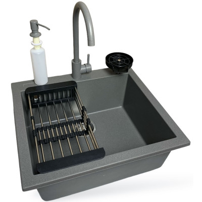 Набір кухонний Adamant Univer, штучний камінь, квадрат, без крила, 560х500х200мм, чаша - 1, врізна, сірий + змішувач + дозатор + ополіскувач склянок + коландер Набір кухонний Adamant Univer, штучний камінь, квадрат, без крила, 560х500х200мм, чаша - 1, врізна, сірий + змішувач + дозатор + ополіскувач склянок + коландер