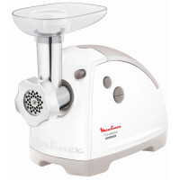 М'ясорубка Moulinex, 2000Вт, 2.6кг/хв, 2 решітки, насадка для ковбас, кеббе, томатів, 5 терок, пластик, біло-сірий