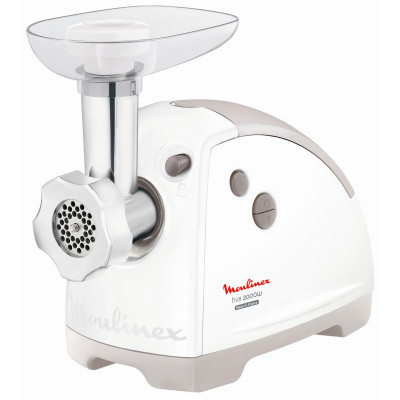 М'ясорубка Moulinex, 2000Вт, 2.6кг/хв, 2 решітки, насадка для ковбас, кеббе, томатів, 5 терок, пластик, біло-сірий М'ясорубка Moulinex, 2000Вт, 2.6кг/хв, 2 решітки, насадка для ковбас, кеббе, томатів, 5 терок, пластик, біло-сірий