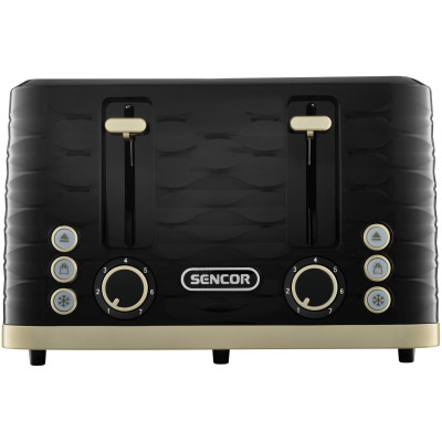 Тостер Sencor 1600Вт, підігрів, розморожування, 4 слоти, пластик, чорно-золотий