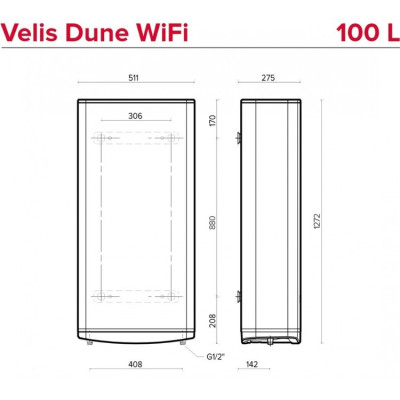 Водонагрівач електричний Ariston VELIS DUNE WIFI 100 EU плаский, слім, 100л, 2*1,5 кВт, емал. нагр. ел, ун. монтаж, ел. кер-ня, B, Італія, білий