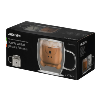 ARDESTO Набір чашок з ручками Animals з подвійними стінками 250 мл, 2 шт, боросилікатне скло ARDESTO Набір чашок з ручками Animals з подвійними стінками 250 мл, 2 шт, боросилікатне скло