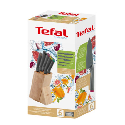 Набор ножей Tefal Fresh Kitchen, деревянное бревно, 5шт, нержавеющая сталь, пластик, дерево, черный