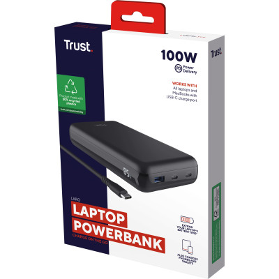 Аккумулятор портативный литий-ионный power bank Trust Laro, 20000 мА-ч, USB-A/2хUSB-C, 100w, черный