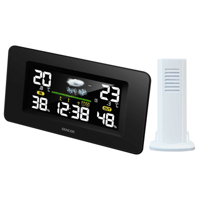 Метеостанція Sencor, внутр/зовн вимірювання, від мережі/АААх3+АААх2, темп-ра, вологість, час, прогноз погоди, атмосферний тиск, чорний Метеостанція Sencor, внутр/зовн вимірювання, від мережі/АААх3+АААх2, темп-ра, вологість, час, прогноз погоди, атмосферний тиск, чорний