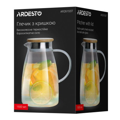 Глечик з кришкою ARDESTO, 1500мл, боросилікатне скло, бамбук, прозорий Глечик з кришкою ARDESTO, 1500мл, боросилікатне скло, бамбук, прозорий