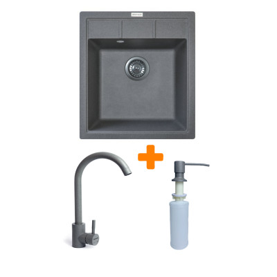 Набір кухонна Adamant Brick, штучний камінь, квадрат, без крила, 460x515x200мм, чаша - 1, врізна, сірий + змішувач та дозатор