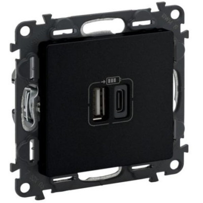 Зарядний пристрій з двома USB-роз'ємами тип А+типС Valena LIFE, 240V, 5V, 3A, матовий чорний Зарядний пристрій з двома USB-роз'ємами тип А+типС Valena LIFE, 240V, 5V, 3A, матовий чорний