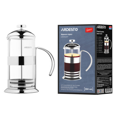 Френч-пресс ARDESTO Gemini Asti, 350мл, боросиликатное стекло, нержавеющая сталь, прозрачный Френч-пресс ARDESTO Gemini Asti, 350мл, боросиликатное стекло, нержавеющая сталь, прозрачный