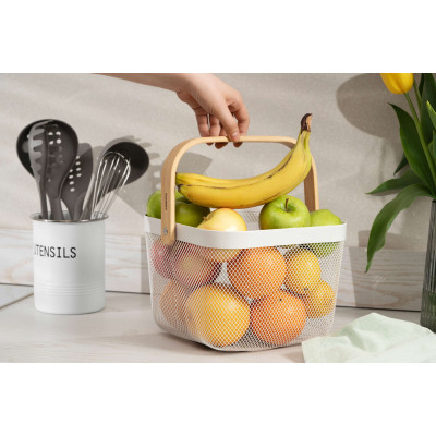 Кошик з ручкою Ardesto Midori 25х24.5х18см, метал, дерево, білий Кошик з ручкою Ardesto Midori 25х24.5х18см, метал, дерево, білий