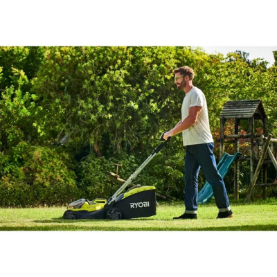 Газонокосилка аккумуляторная Ryobi RY18LMH37A-250 ONE+ Hybrid АКБ+сеть (18В/220В) акб 2х5А-ч 37см 45л 25-70мм мульчирование 15.7кг (5133004583)