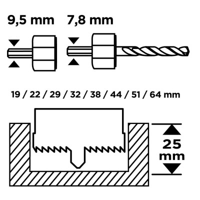 Коронки по дереву GRAPHITE 19, 22,29,32,38,44,51,64мм, 2 адаптери, кейс 12шт