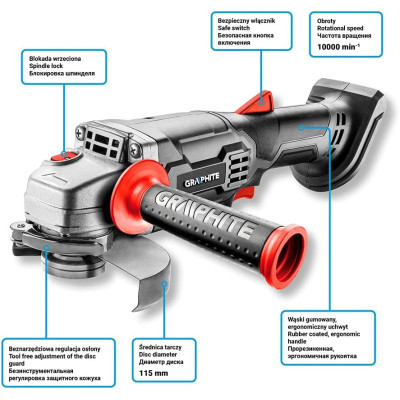 Graphite Шліфмашина кутова акумуляторна Energy + 115мм 18В 10000об·хв 1.5кг без АКБ та ЗП Graphite Шліфмашина кутова акумуляторна Energy + 115мм 18В 10000об·хв 1.5кг без АКБ та ЗП