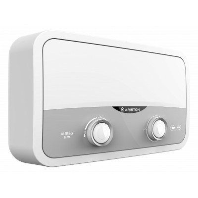 Водонагрівач електр. Ariston проточний Aures, 3,1л, 5,5кВт, горизонтальний монтаж, мех. кер-ння, A, В'єтнам, біло-сірий