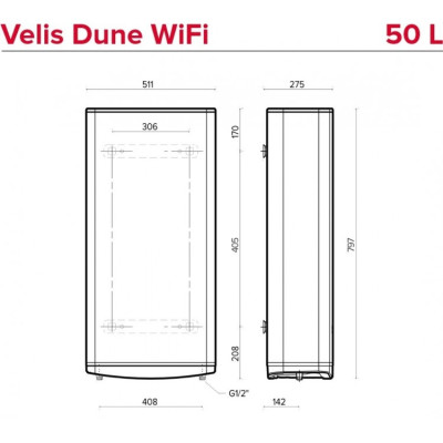 Водонагрівач електричний Ariston VELIS DUNE WIFI 50 EU плаский, слім, 50л, 2*1,5 кВт, емал. нагр. ел, ун. монтаж, ел. кер-ня, B, Італія, білий