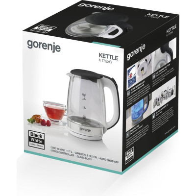 Электрочайник Gorenje 1.7л, 2,200 Вт, strix контроль, стекло, белый (K17GXG)