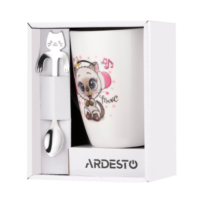 Чашка з ложкою ARDESTO Music, 320мл, порцеляна, нержавіюча сталь, білий