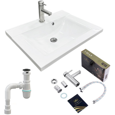 Набір для ванної кімнати, раковина, умивальник Adamant QUANTO 60, штучний камінь, прямокут., з сифоном Click-Clack + змішувач Набір для ванної кімнати, раковина, умивальник Adamant QUANTO 60, штучний камінь, прямокут., з сифоном Click-Clack + змішувач