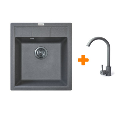 Набір кухонна Adamant Brick, штучний камінь, квадрат, без крила, 460x515x200мм, чаша - 1, врізна, сірий + змішувач Набір кухонна Adamant Brick, штучний камінь, квадрат, без крила, 460x515x200мм, чаша - 1, врізна, сірий + змішувач