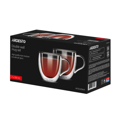 ARDESTO Набір чашок із ручками з подвійними стінками, 300 мл, H 9,2 см, 2 шт, боросилікатне скло ARDESTO Набір чашок із ручками з подвійними стінками, 300 мл, H 9,2 см, 2 шт, боросилікатне скло