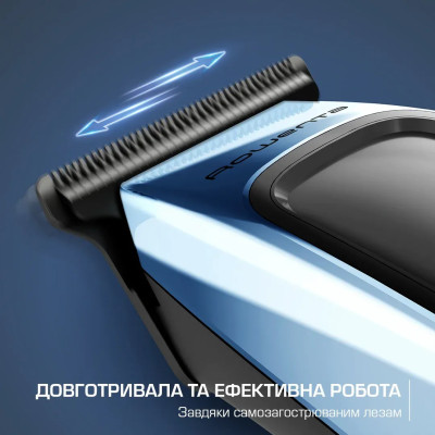 Тример Rowenta Barber Experience, для голови, бороди, мережа+акум., роторний мотор, насадок-5, нержавіюча сталь з покриттям DLC, чорно-синій Тример Rowenta Barber Experience, для голови, бороди, мережа+акум., роторний мотор, насадок-5, нержавіюча сталь з покриттям DLC, чорно-синій