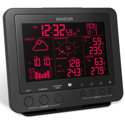 Метеостанція Sencor, внутр/зовн вимірювання, від мережі/CR2032x1+AAx3, темп-ра, вологість, час, прогноз погоди, атмосферний тиск, шв. вітру, чорний