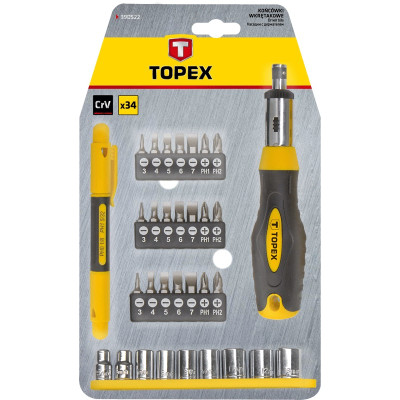 Topex Набір торцевих головок та біт, 2 тримача, біти та торцеві головки 5-13 мм Topex Набір торцевих головок та біт, 2 тримача, біти та торцеві головки 5-13 мм