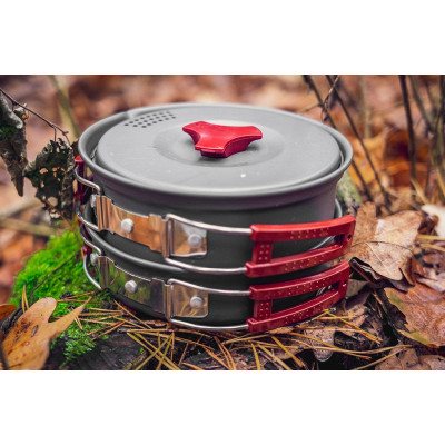 Набір туристичного посуду Neo Tools, 7в1, каструля, сковорода, 2 тарілки, половник, лопатка, губка, сертифікат LFGB, 0.42кг